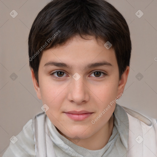 Joyful white child female with short  brown hair and brown eyes