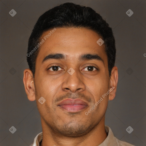Joyful latino young-adult male with short  brown hair and brown eyes