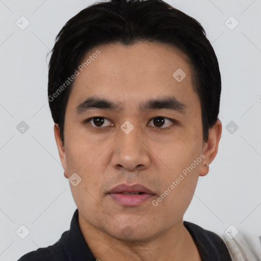 Neutral asian young-adult male with short  black hair and brown eyes