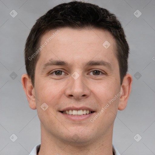 Joyful white young-adult male with short  brown hair and brown eyes