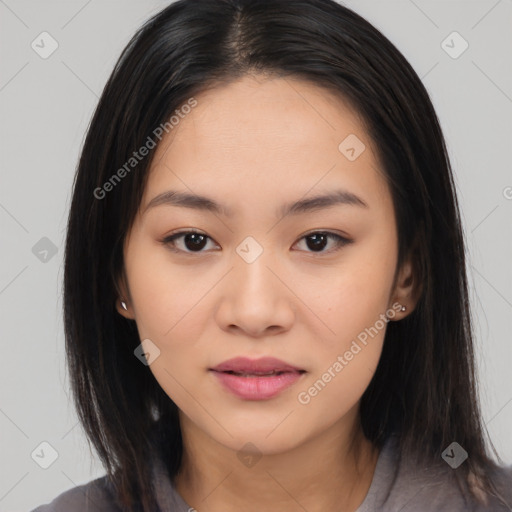 Neutral white young-adult female with medium  black hair and brown eyes