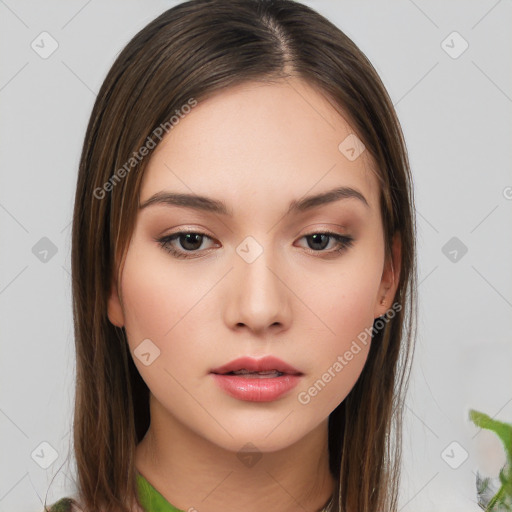 Neutral white young-adult female with medium  brown hair and brown eyes