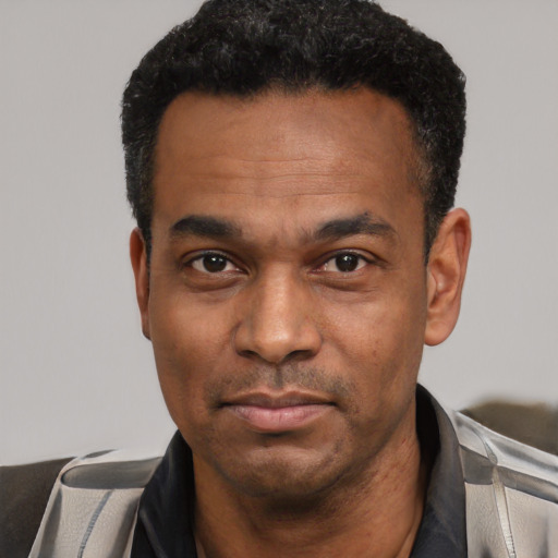 Neutral latino adult male with short  black hair and brown eyes