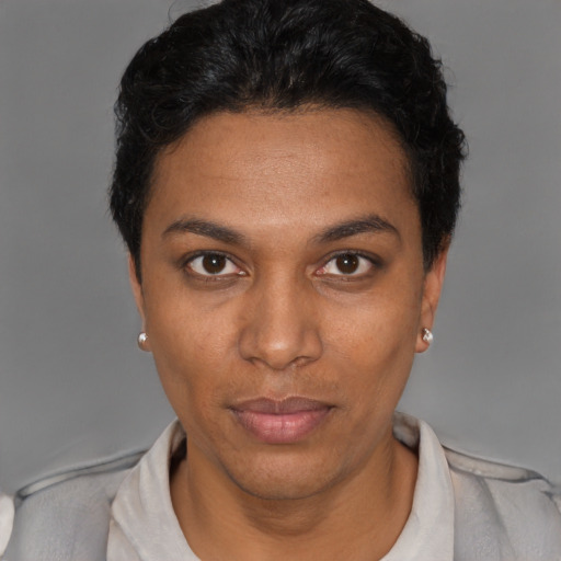 Neutral black young-adult female with short  black hair and brown eyes