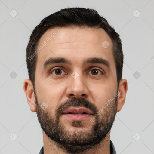 Neutral white young-adult male with short  black hair and brown eyes