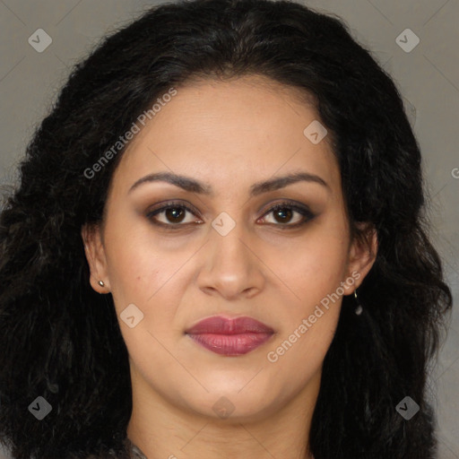 Joyful latino young-adult female with long  brown hair and brown eyes