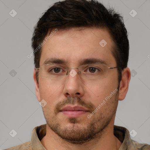 Neutral white young-adult male with short  brown hair and brown eyes