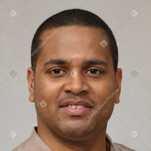 Joyful latino young-adult male with short  brown hair and brown eyes