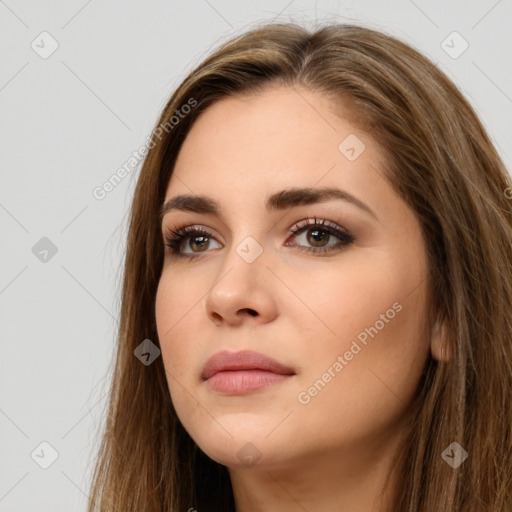 Neutral white young-adult female with long  brown hair and brown eyes