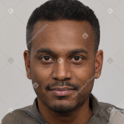 Neutral black young-adult male with short  black hair and brown eyes