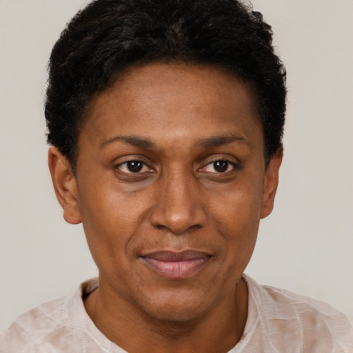 Joyful latino adult female with short  black hair and brown eyes