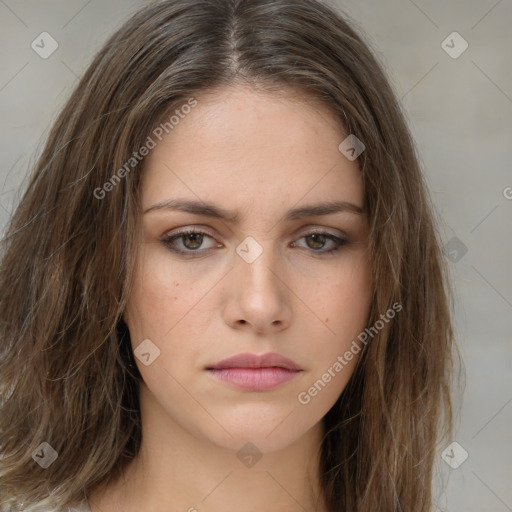 Neutral white young-adult female with long  brown hair and brown eyes