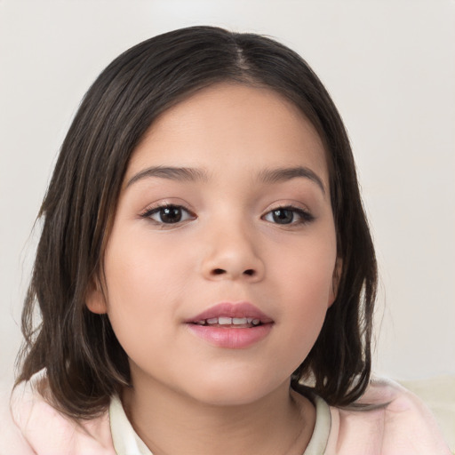 Joyful white child female with medium  brown hair and brown eyes