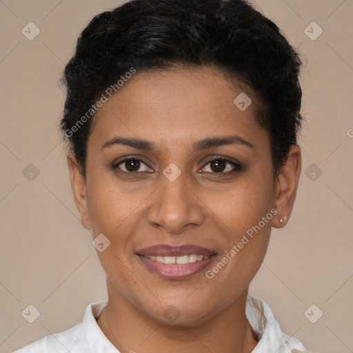 Joyful latino young-adult female with short  brown hair and brown eyes