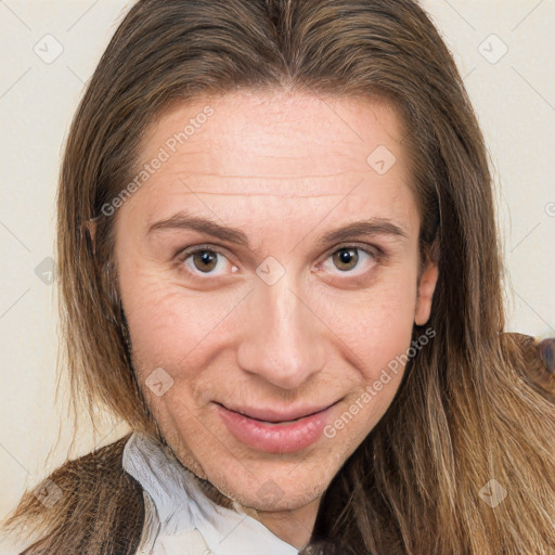 Joyful white adult female with long  brown hair and brown eyes