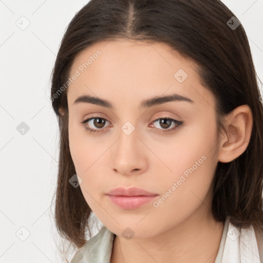 Neutral white young-adult female with long  brown hair and brown eyes