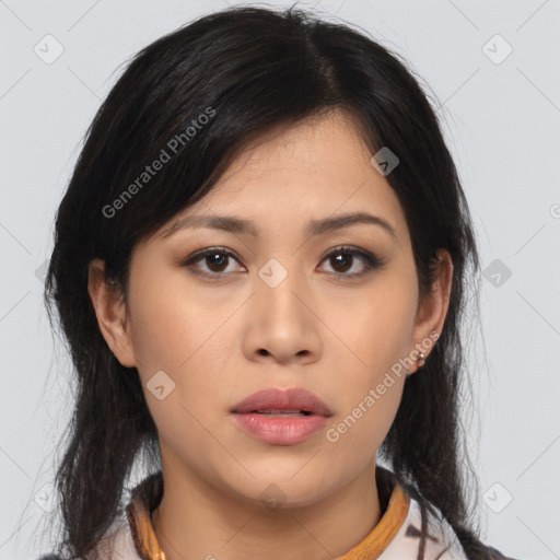 Neutral asian young-adult female with medium  black hair and brown eyes