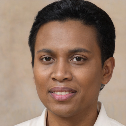 Joyful black young-adult female with short  black hair and brown eyes