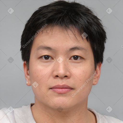 Neutral asian young-adult male with short  brown hair and brown eyes