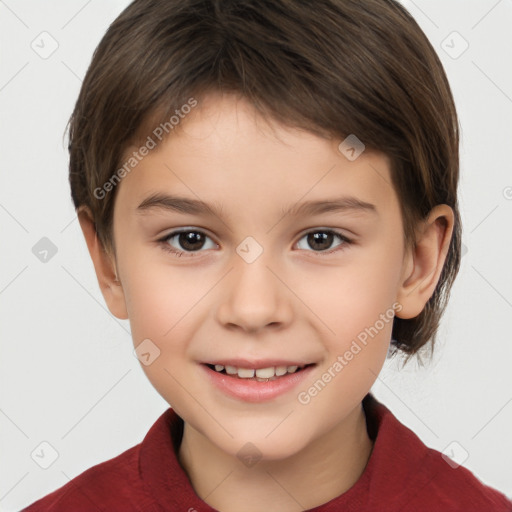 Joyful white child female with short  brown hair and brown eyes