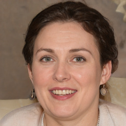 Joyful white adult female with medium  brown hair and blue eyes