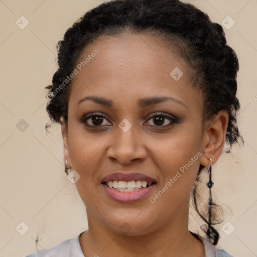 Joyful latino young-adult female with long  brown hair and brown eyes