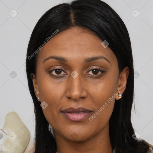 Joyful asian young-adult female with long  brown hair and brown eyes