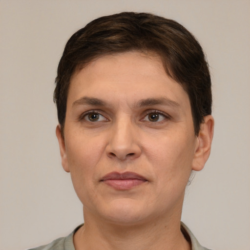 Neutral white adult female with short  brown hair and brown eyes