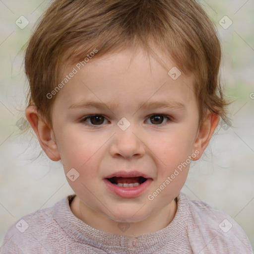 Joyful white child female with short  brown hair and brown eyes