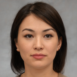 Neutral asian young-adult female with medium  brown hair and brown eyes