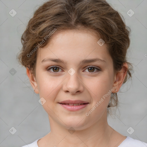 Joyful white child female with medium  brown hair and brown eyes