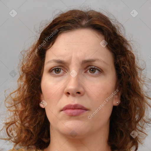 Neutral white adult female with medium  brown hair and brown eyes