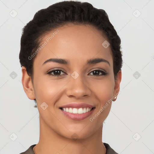 Joyful latino young-adult female with short  brown hair and brown eyes