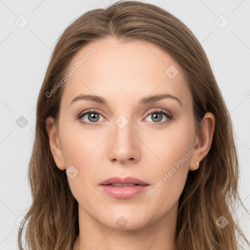 Neutral white young-adult female with long  brown hair and grey eyes