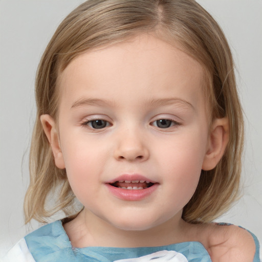 Joyful white child female with medium  brown hair and brown eyes