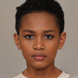 Neutral black young-adult female with short  brown hair and brown eyes