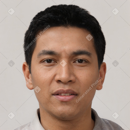 Neutral asian young-adult male with short  black hair and brown eyes