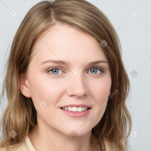 Joyful white young-adult female with medium  brown hair and blue eyes