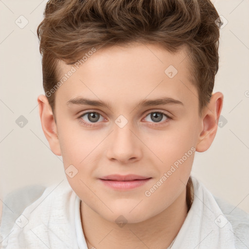 Joyful white child male with short  brown hair and brown eyes