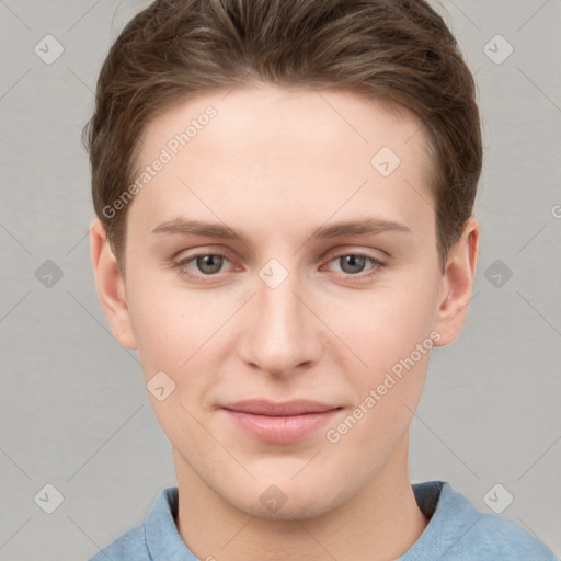 Joyful white young-adult female with short  brown hair and grey eyes