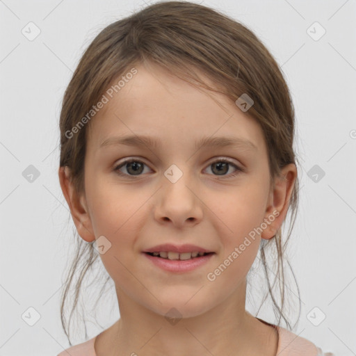 Joyful white child female with medium  brown hair and brown eyes