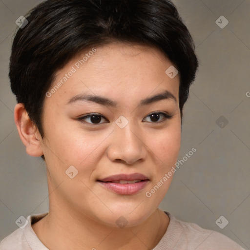 Joyful asian young-adult female with short  brown hair and brown eyes