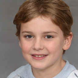 Joyful white child female with short  brown hair and grey eyes