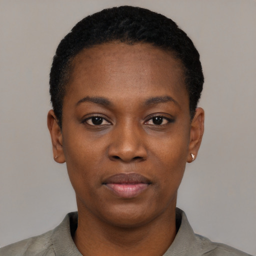 Neutral black young-adult female with short  black hair and brown eyes