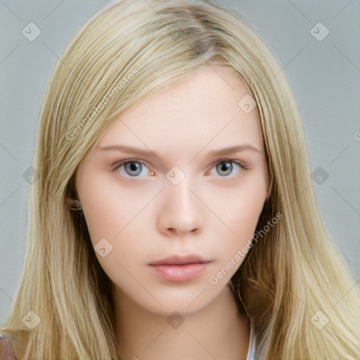 Neutral white young-adult female with long  brown hair and blue eyes