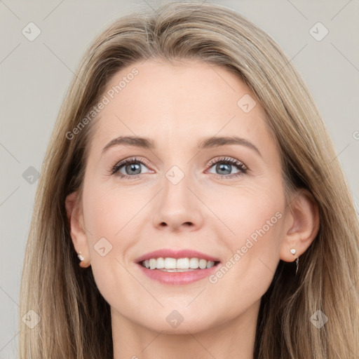 Joyful white young-adult female with long  brown hair and grey eyes