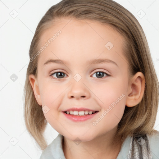 Joyful white child female with medium  brown hair and brown eyes