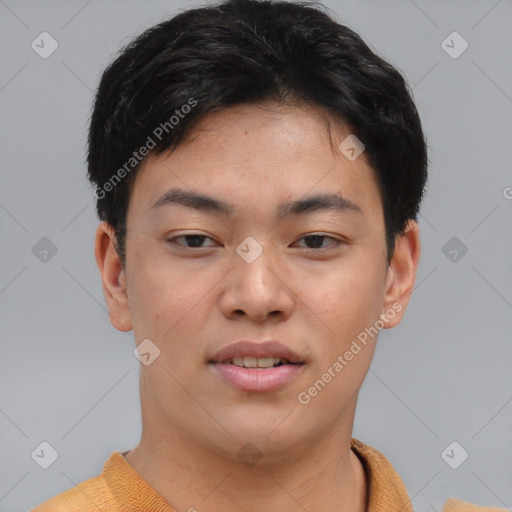 Joyful asian young-adult male with short  brown hair and brown eyes