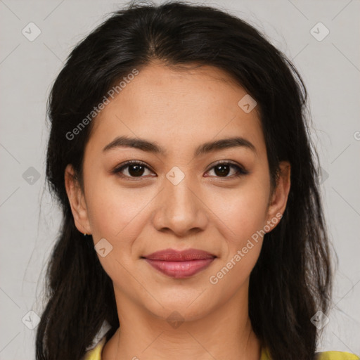 Joyful latino young-adult female with medium  brown hair and brown eyes