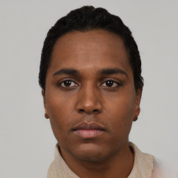 Neutral black young-adult male with short  black hair and brown eyes